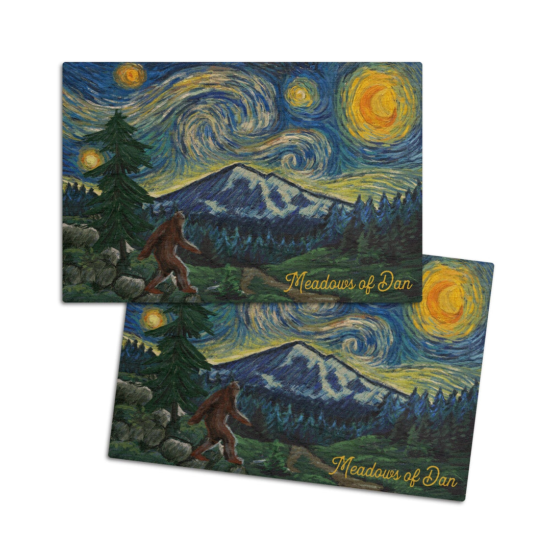 Meadows of Dan, Virginia, Bigfoot, Starry Night, Lantern Press Artwork, Wood Signs and Postcards Wood Lantern Press 4x6 Wood Postcard Set 