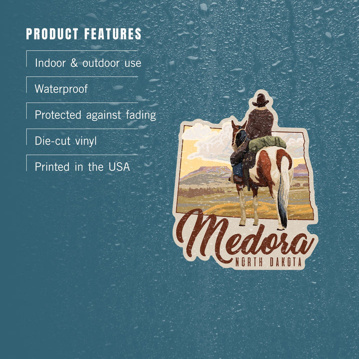 Medora, North Dakota, Cowboy on Ridge, Contour, Lantern Press Artwork, Vinyl Sticker Sticker Lantern Press 