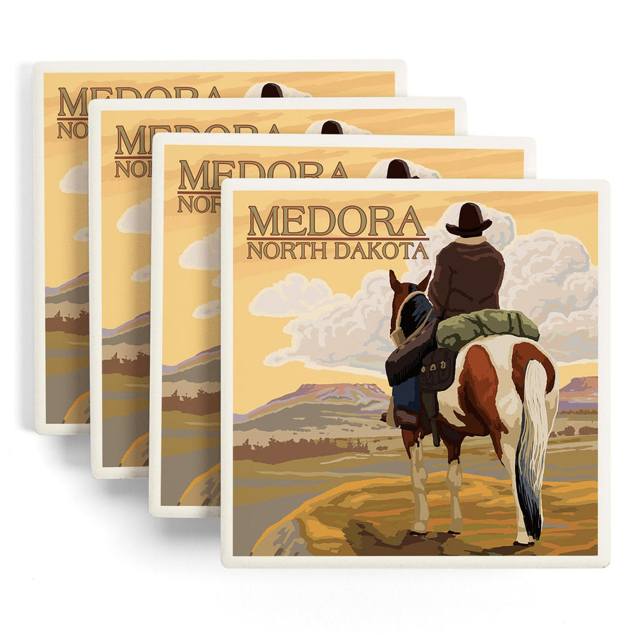 Medora, North Dakota, Cowboy on Ridge, Lantern Press Artwork, Coaster Set - Lantern Press