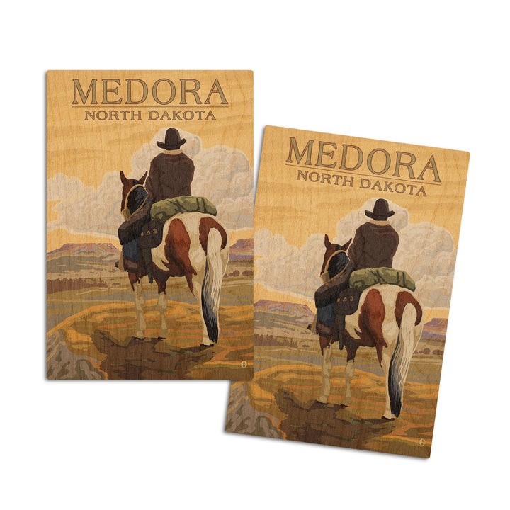 Medora, North Dakota, Cowboy on Ridge, Lantern Press Artwork, Wood Signs and Postcards Wood Lantern Press 4x6 Wood Postcard Set 