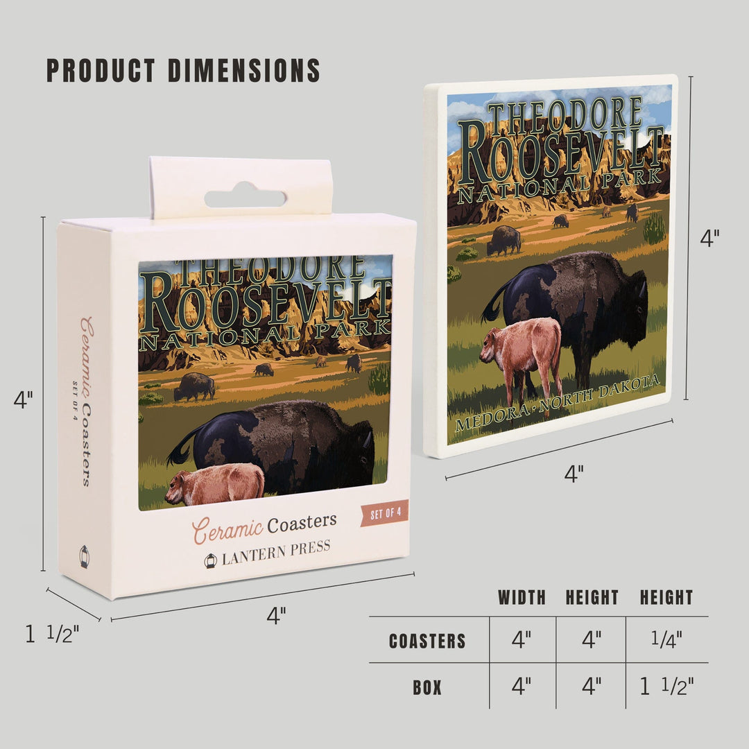 Medora, North Dakota, Theodore Roosevelt National Park, Bison and Calf, Coasters Coasters Lantern Press 