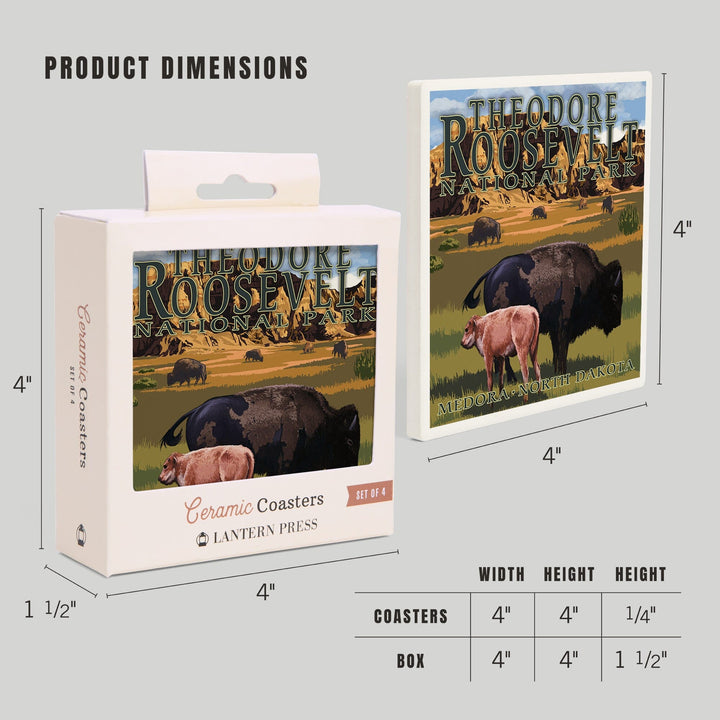 Medora, North Dakota, Theodore Roosevelt National Park, Bison and Calf, Coasters Coasters Lantern Press 
