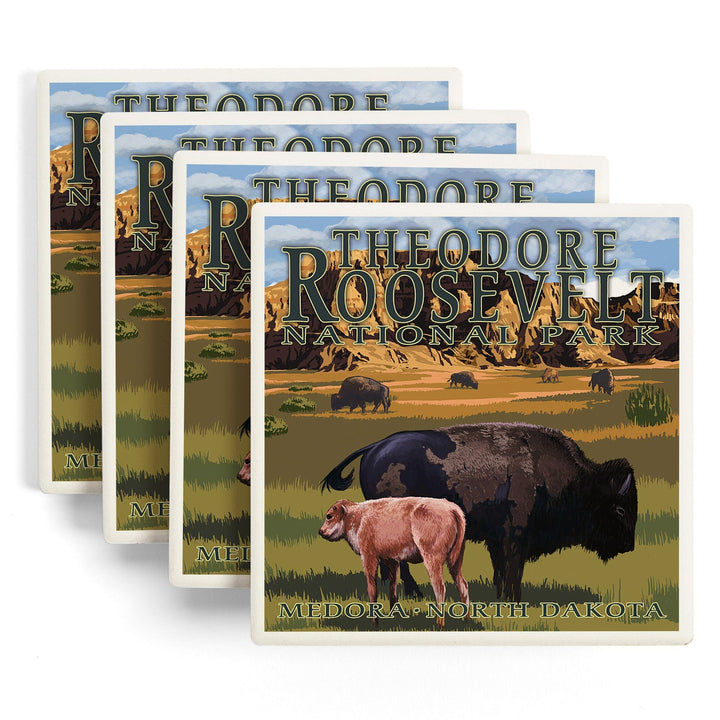 Medora, North Dakota, Theodore Roosevelt National Park, Bison and Calf, Coasters Coasters Lantern Press 