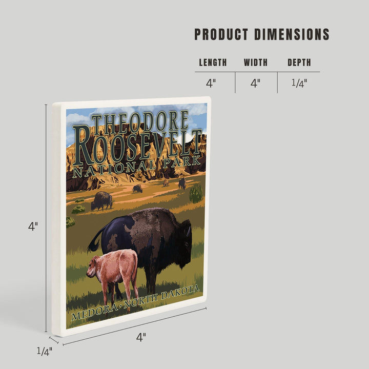 Medora, North Dakota, Theodore Roosevelt National Park, Bison and Calf, Coasters Coasters Lantern Press 