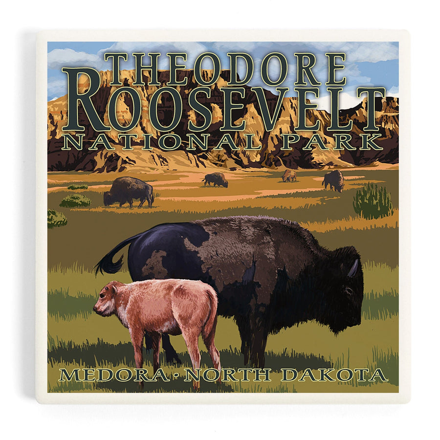 Medora, North Dakota, Theodore Roosevelt National Park, Bison and Calf, Coasters Coasters Lantern Press 