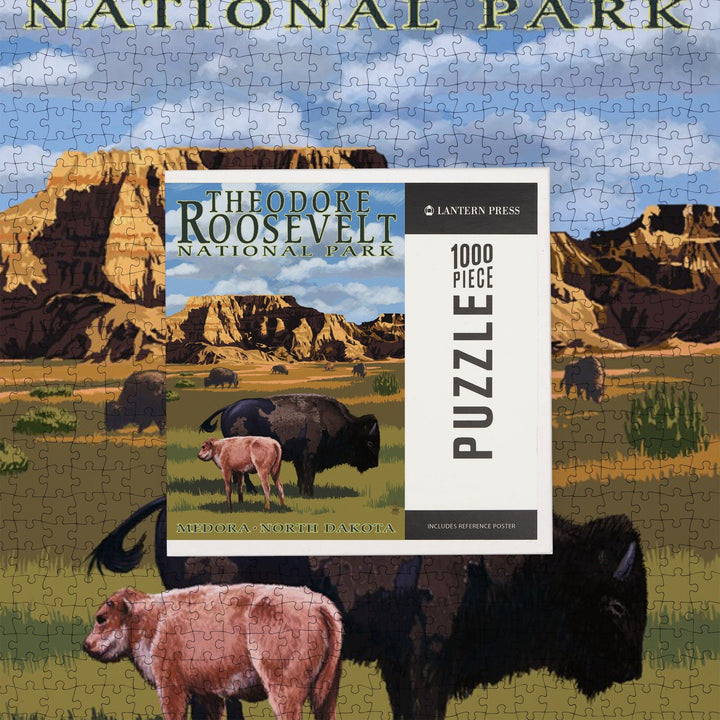 Medora, North Dakota, Theodore Roosevelt National Park, Bison and Calf, Jigsaw Puzzle Puzzle Lantern Press 
