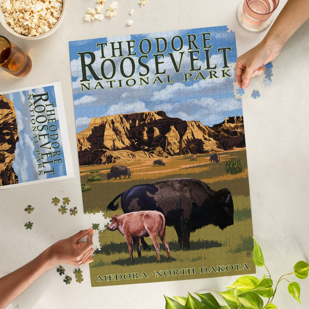 Medora, North Dakota, Theodore Roosevelt National Park, Bison and Calf, Jigsaw Puzzle Puzzle Lantern Press 
