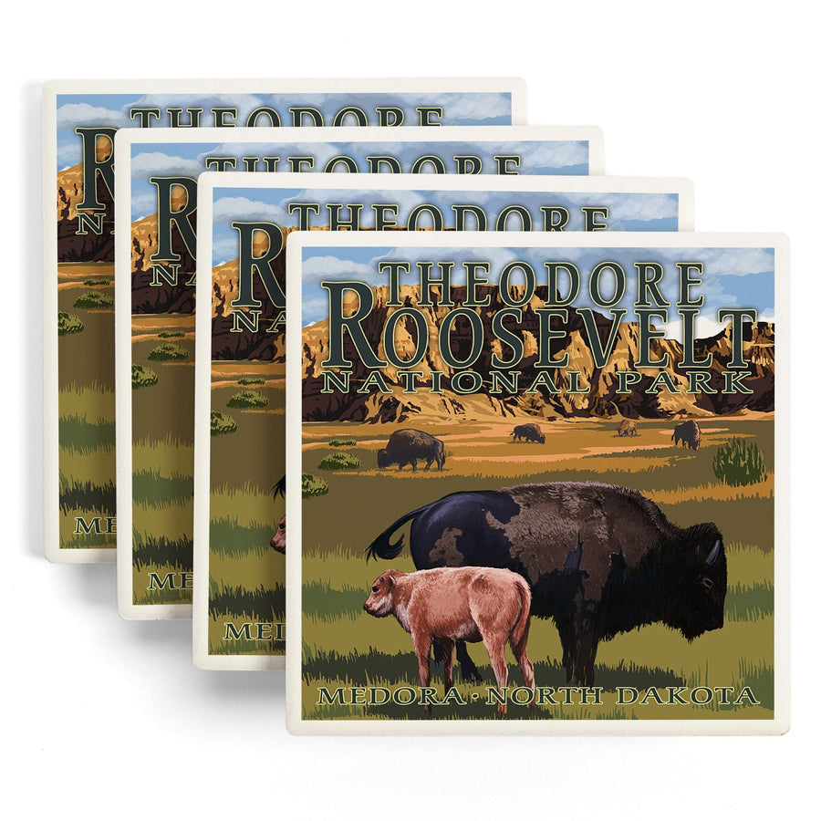 Medora, North Dakota, Theodore Roosevelt National Park, Bison and Calf, Lantern Press Artwork, Coaster Set - Lantern Press