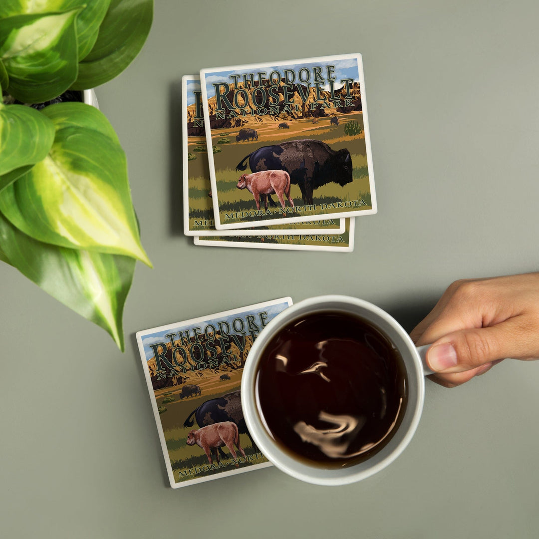 Medora, North Dakota, Theodore Roosevelt National Park, Bison and Calf, Lantern Press Artwork, Coaster Set - Lantern Press