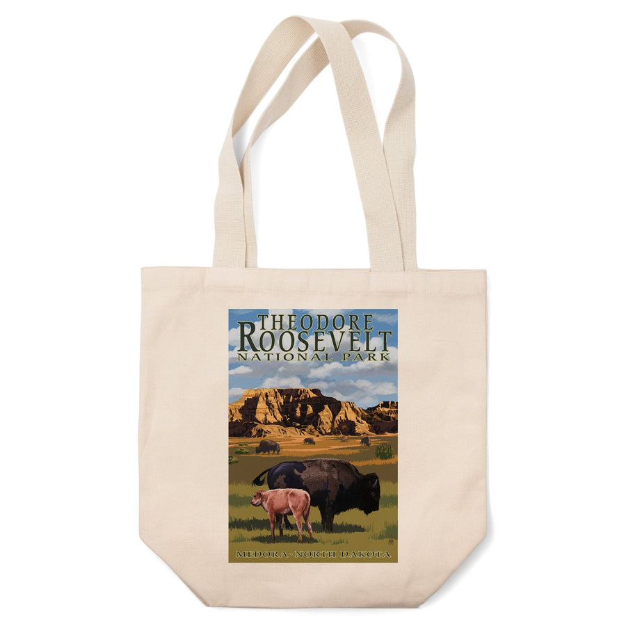 Medora, North Dakota, Theodore Roosevelt National Park, Bison and Calf, Lantern Press Artwork, Tote Bag Totes Lantern Press 