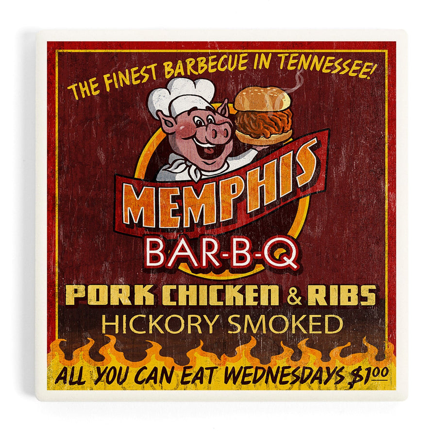 Memphis, Tennessee, BBQ Pig Vintage Sign, Coasters Coasters Lantern Press 