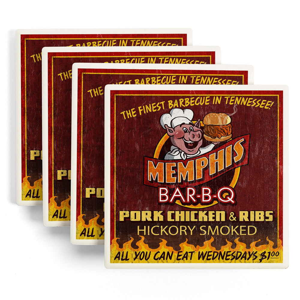 Memphis, Tennessee, BBQ Pig Vintage Sign, Coasters Coasters Lantern Press 