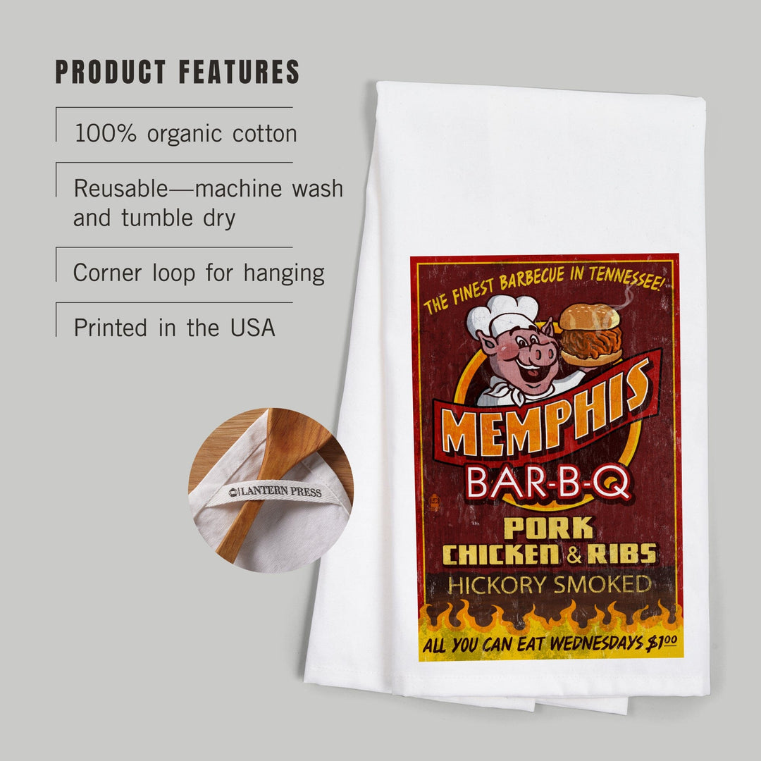 Memphis, Tennessee, BBQ Pig Vintage Sign, Organic Cotton Kitchen Tea Towels Kitchen Lantern Press 