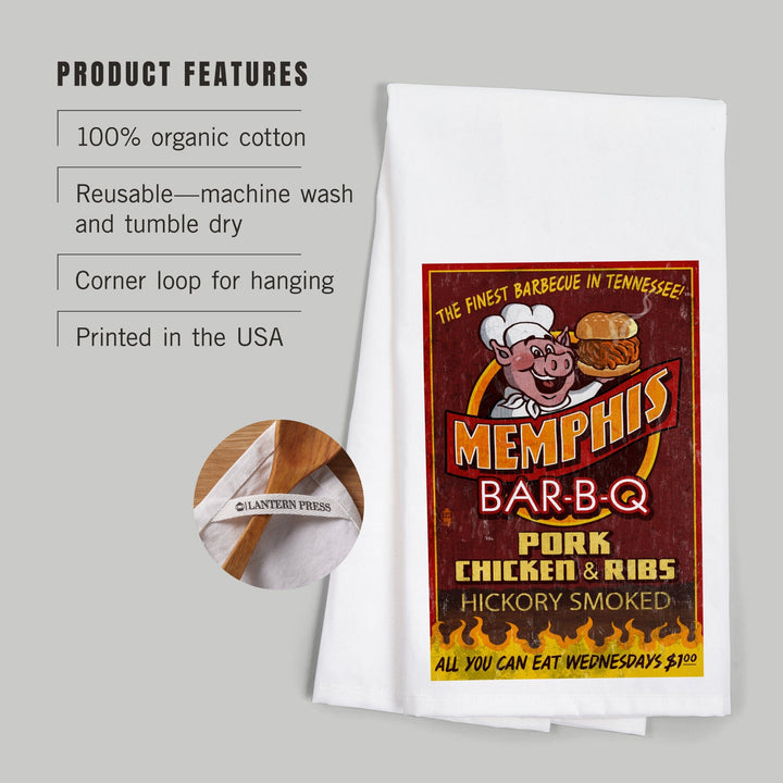 Memphis, Tennessee, BBQ Pig Vintage Sign, Organic Cotton Kitchen Tea Towels Kitchen Lantern Press 