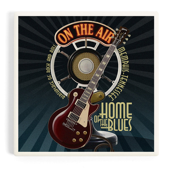 Memphis, Tennessee, Guitar and Microphone (Blue), Coasters Coasters Lantern Press Coaster 