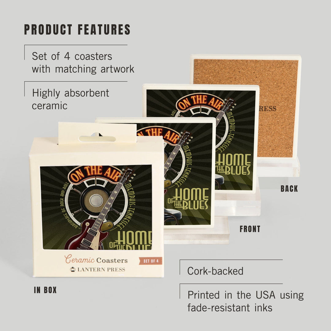 Memphis, Tennessee, Guitar and Microphone, Coasters Coasters Lantern Press 