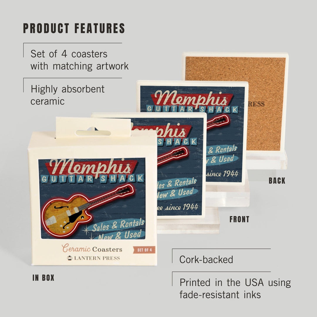 Memphis, Tennessee, Guitar Shack Vintage Sign, Coasters Coasters Lantern Press 