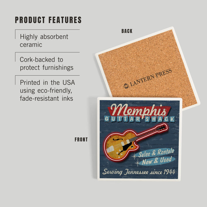 Memphis, Tennessee, Guitar Shack Vintage Sign, Coasters Coasters Lantern Press 