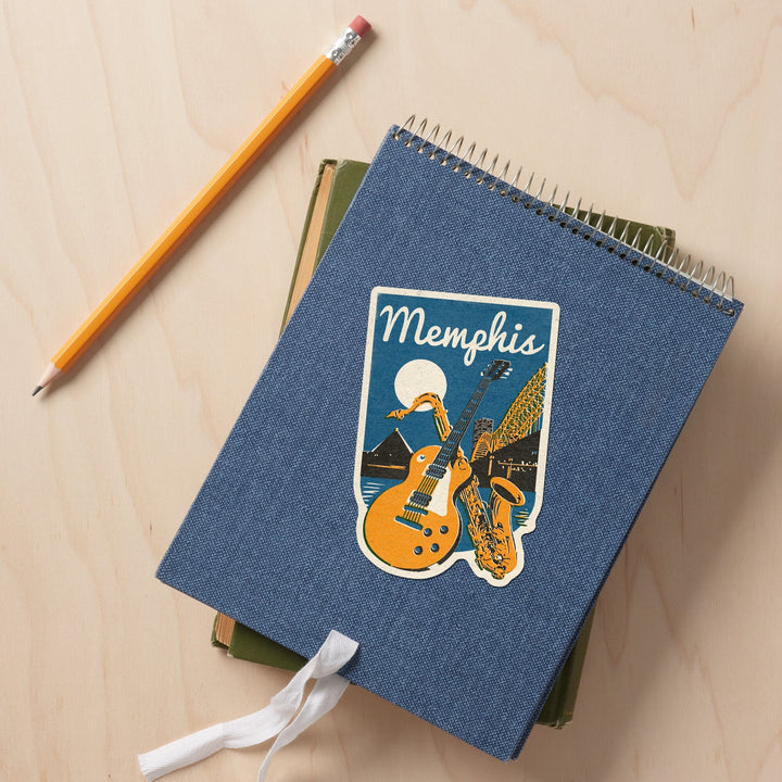 Memphis, Tennessee, Music, Woodblock, Contour, Vinyl Sticker Sticker Lantern Press 