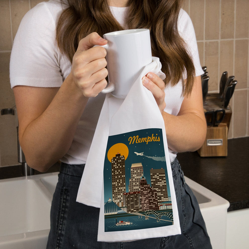 Memphis, Tennessee, Retro Skyline, Organic Cotton Kitchen Tea Towels Kitchen Lantern Press 