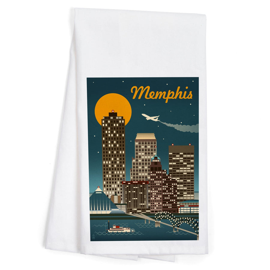 Memphis, Tennessee, Retro Skyline, Organic Cotton Kitchen Tea Towels Kitchen Lantern Press 