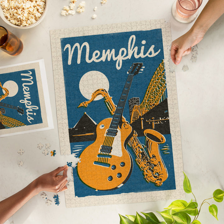Memphis, Tennessee, Woodblock, Jigsaw Puzzle Puzzle Lantern Press 