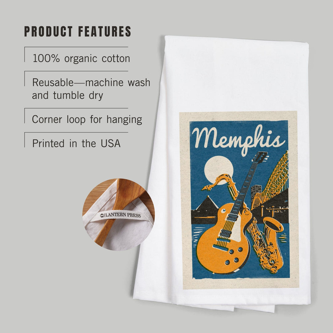 Memphis, Tennessee, Woodblock, Organic Cotton Kitchen Tea Towels Kitchen Lantern Press 