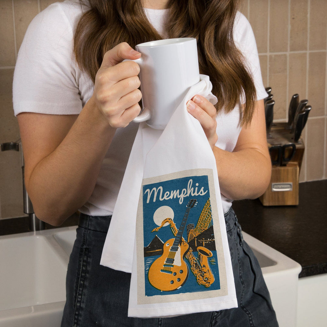 Memphis, Tennessee, Woodblock, Organic Cotton Kitchen Tea Towels Kitchen Lantern Press 