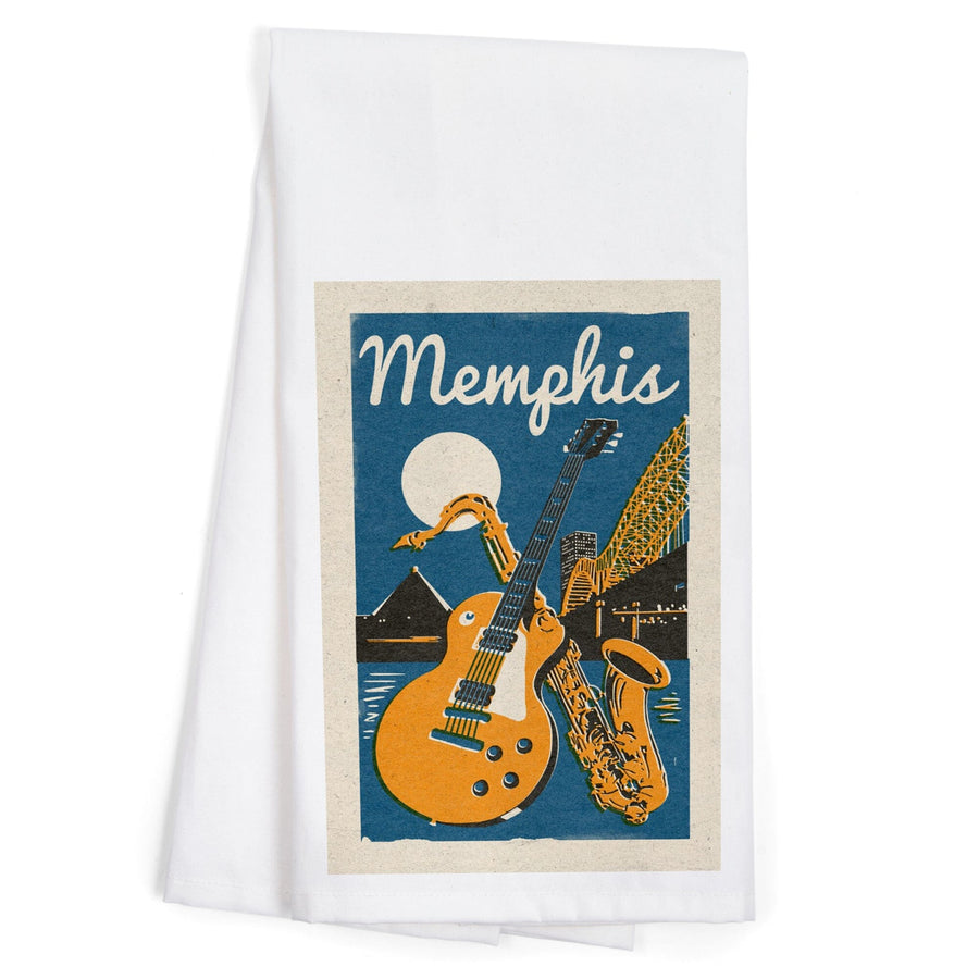 Memphis, Tennessee, Woodblock, Organic Cotton Kitchen Tea Towels Kitchen Lantern Press 