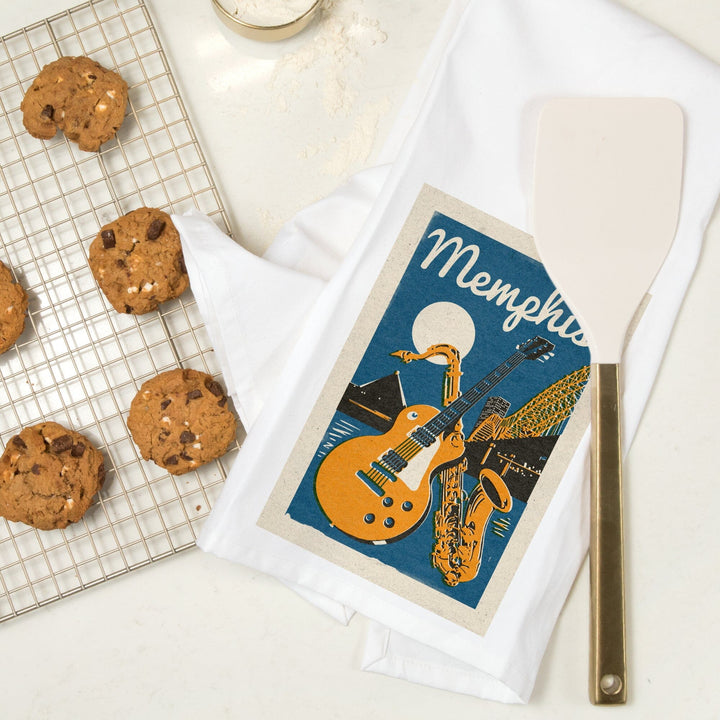 Memphis, Tennessee, Woodblock, Organic Cotton Kitchen Tea Towels Kitchen Lantern Press 