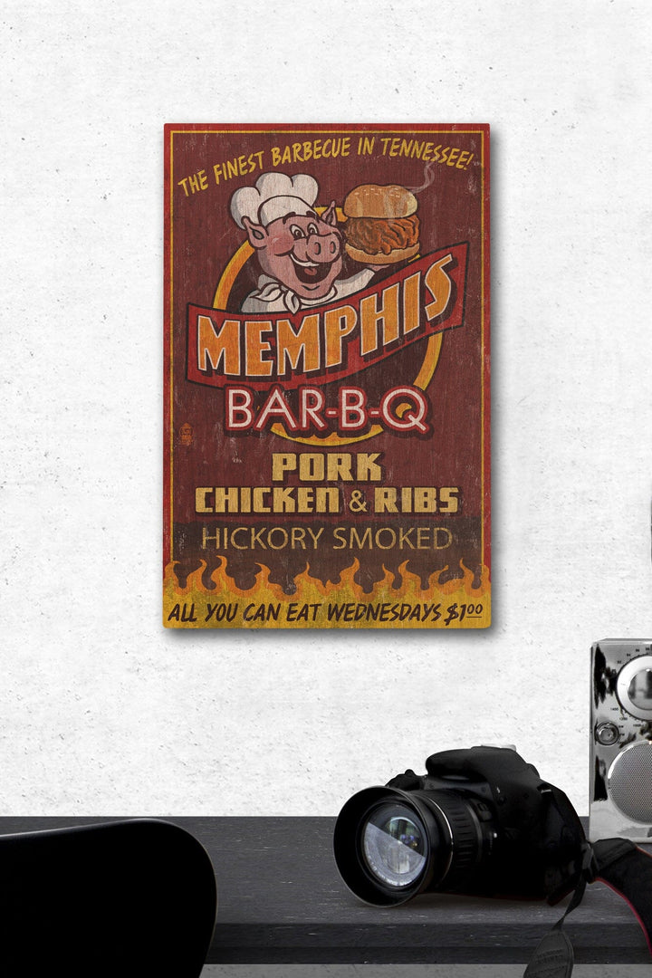 Memphis, Tennesseee, BBQ Pig Vintage Sign, Lantern Press Artwork, Wood Signs and Postcards Wood Lantern Press 12 x 18 Wood Gallery Print 