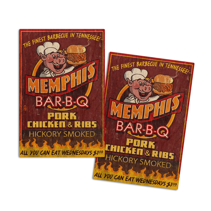 Memphis, Tennesseee, BBQ Pig Vintage Sign, Lantern Press Artwork, Wood Signs and Postcards Wood Lantern Press 4x6 Wood Postcard Set 