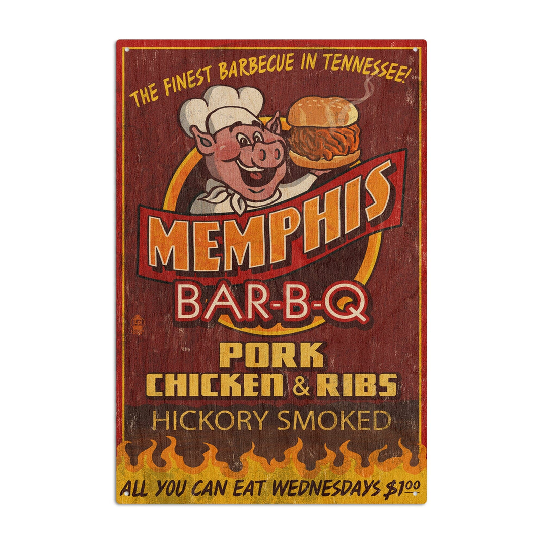 Memphis, Tennesseee, BBQ Pig Vintage Sign, Lantern Press Artwork, Wood Signs and Postcards Wood Lantern Press 6x9 Wood Sign 