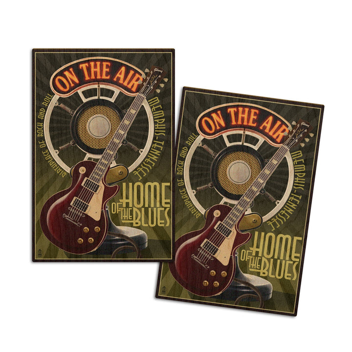 Memphis, Tennesseee, Guitar and Microphone, Lantern Press Artwork, Wood Signs and Postcards Wood Lantern Press 4x6 Wood Postcard Set 