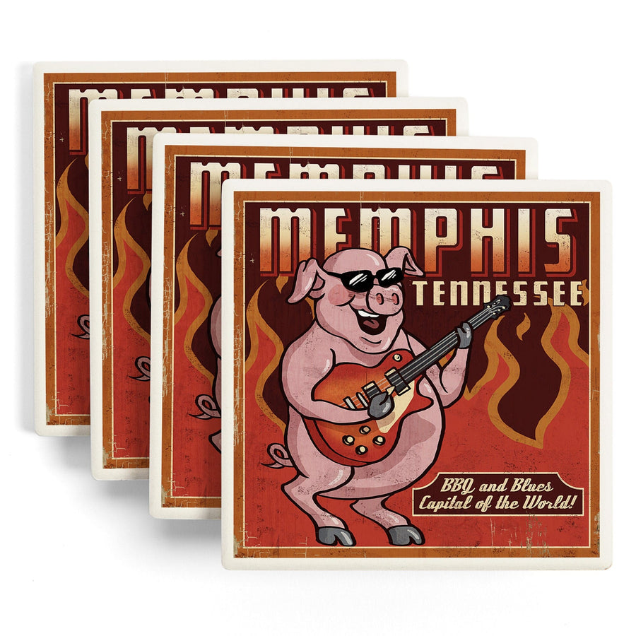 Memphis, Tennesseee, Guitar Pig, Lantern Press Artwork, Coaster Set - Lantern Press