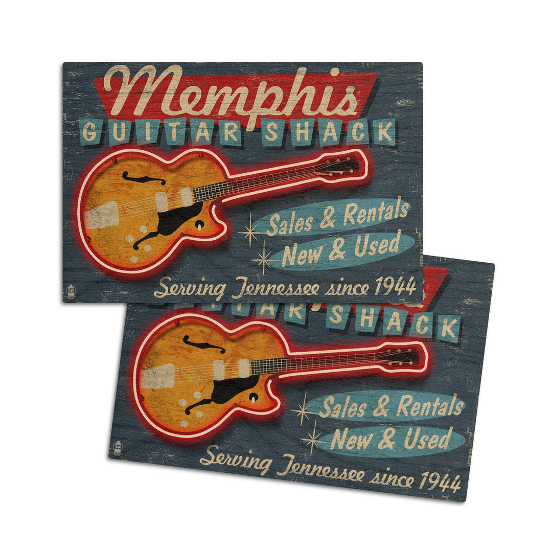 Memphis, Tennesseee, Guitar Shack Vintage Sign, Lantern Press Artwork, Wood Signs and Postcards Wood Lantern Press 4x6 Wood Postcard Set 