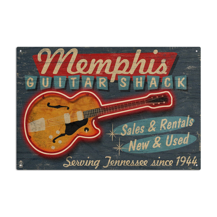 Memphis, Tennesseee, Guitar Shack Vintage Sign, Lantern Press Artwork, Wood Signs and Postcards Wood Lantern Press 6x9 Wood Sign 