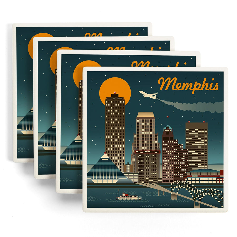 Memphis, Tennesseee, Retro Skyline, Lantern Press Artwork, Coaster Set - Lantern Press