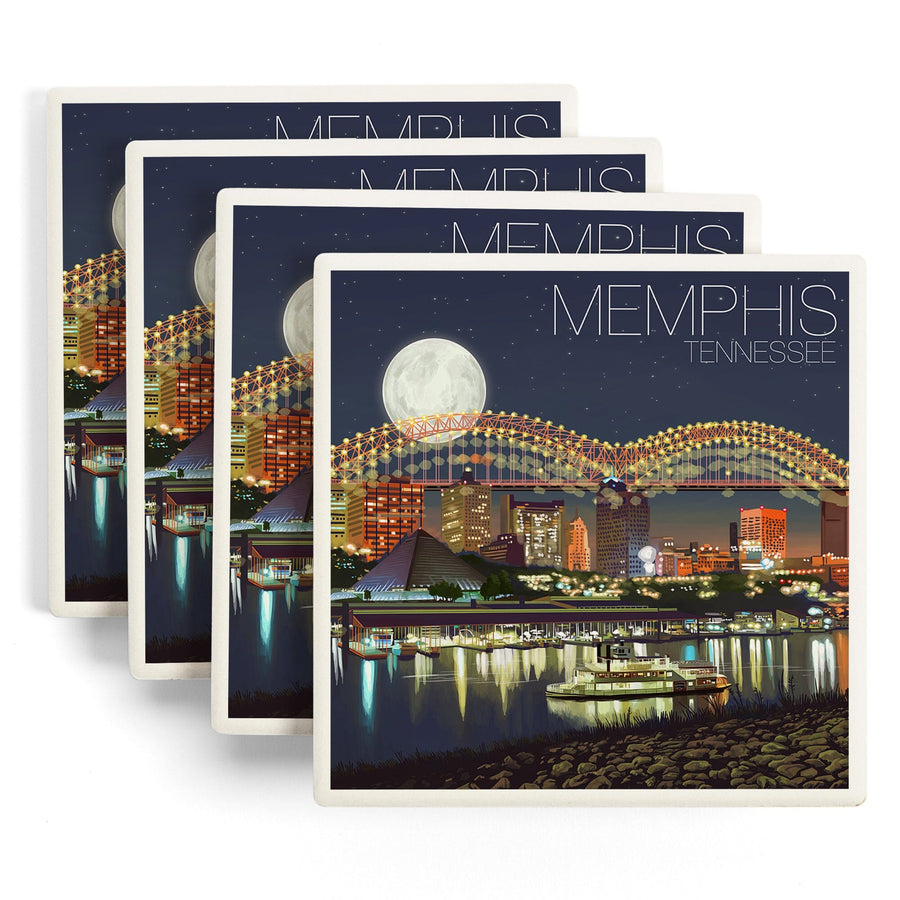 Memphis, Tennesseee, Skyline at Night, Lantern Press Artwork, Coaster Set - Lantern Press