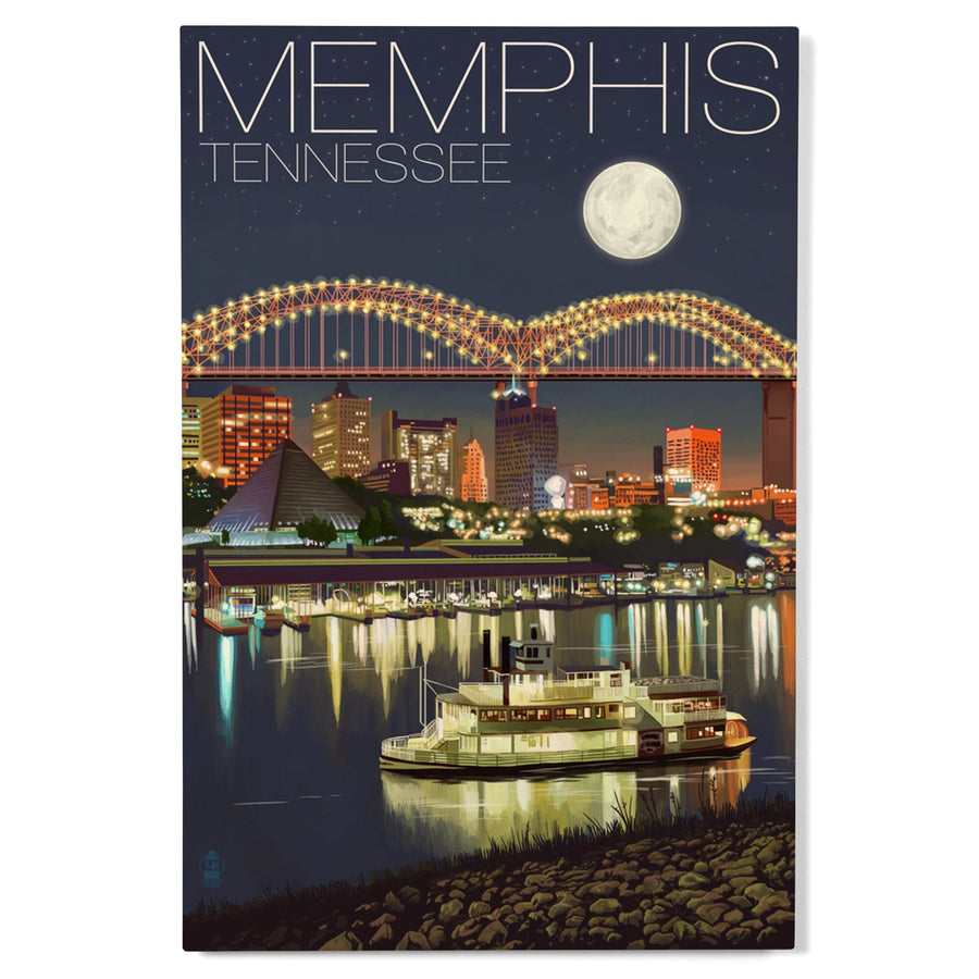 Memphis, Tennesseee, Skyline at Night, Lantern Press Artwork, Wood Signs and Postcards Wood Lantern Press 