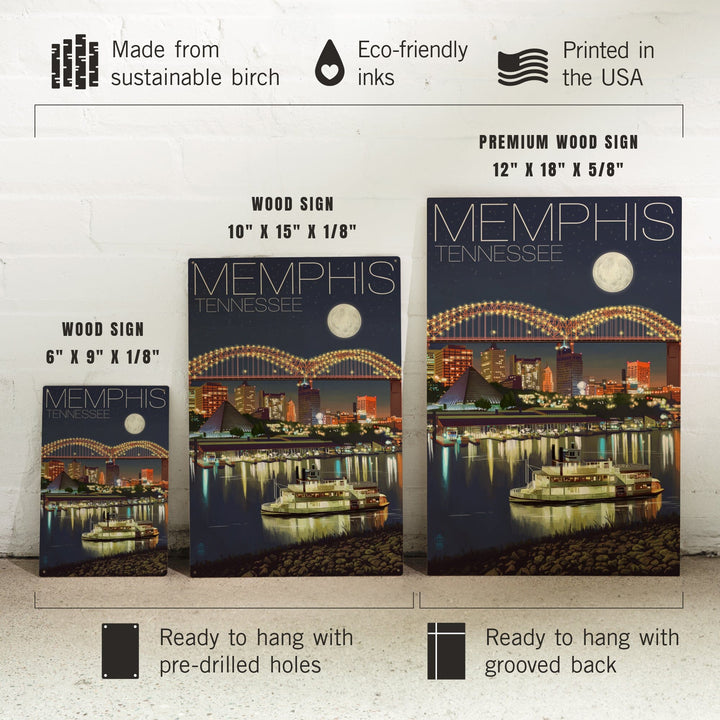 Memphis, Tennesseee, Skyline at Night, Lantern Press Artwork, Wood Signs and Postcards - Lantern Press