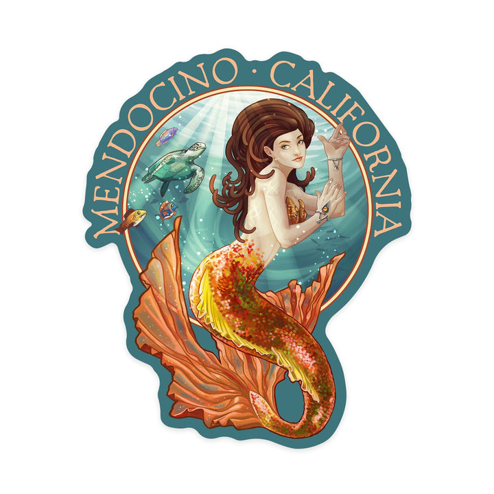 Mendocino, California, Mermaid, Contour, Vinyl Sticker - Lantern Press