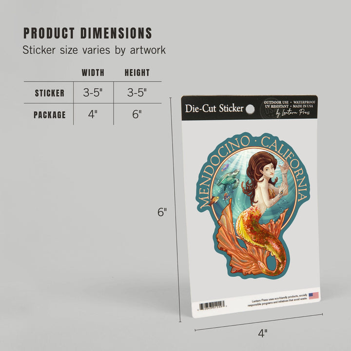 Mendocino, California, Mermaid, Contour, Vinyl Sticker - Lantern Press