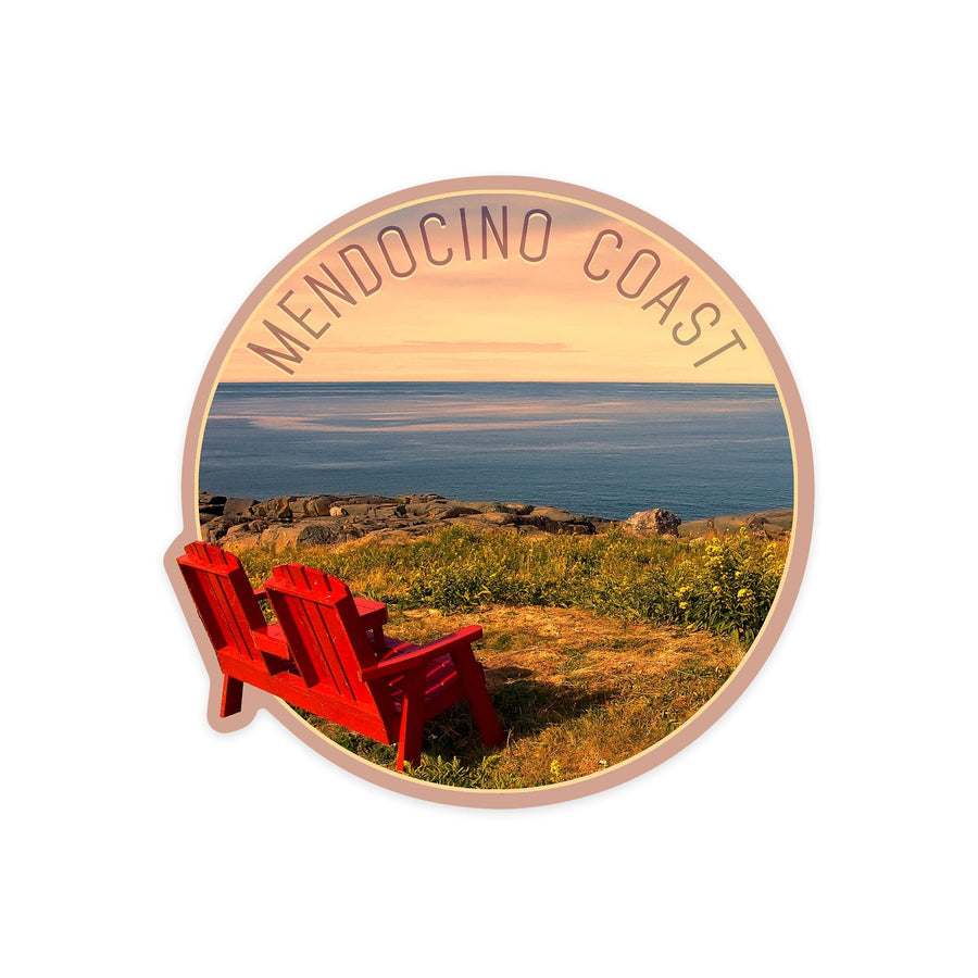 Mendocino Coast, California, Ocean Sunset, Red Chairs on Cliff, Contour, Vinyl Sticker - Lantern Press