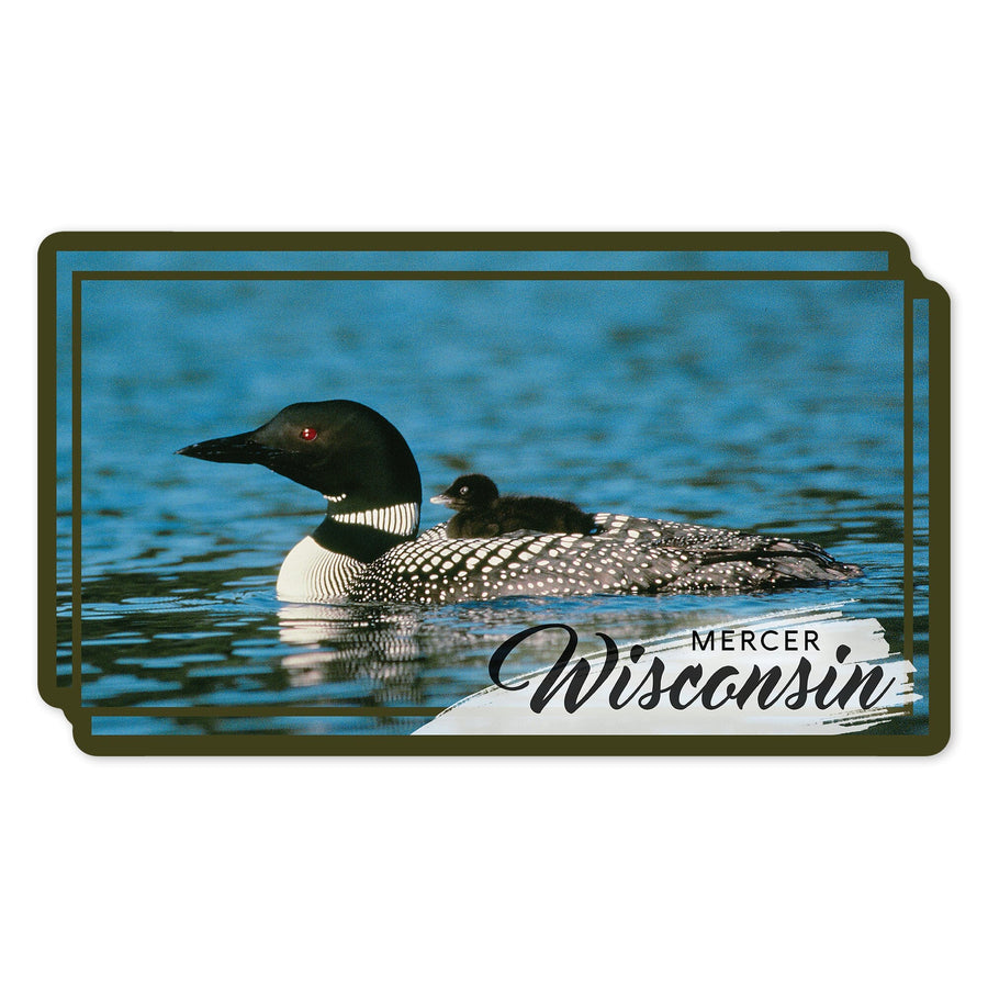 Mercer, Wisconsin, Loon and Chick, Contour, Vinyl Sticker - Lantern Press