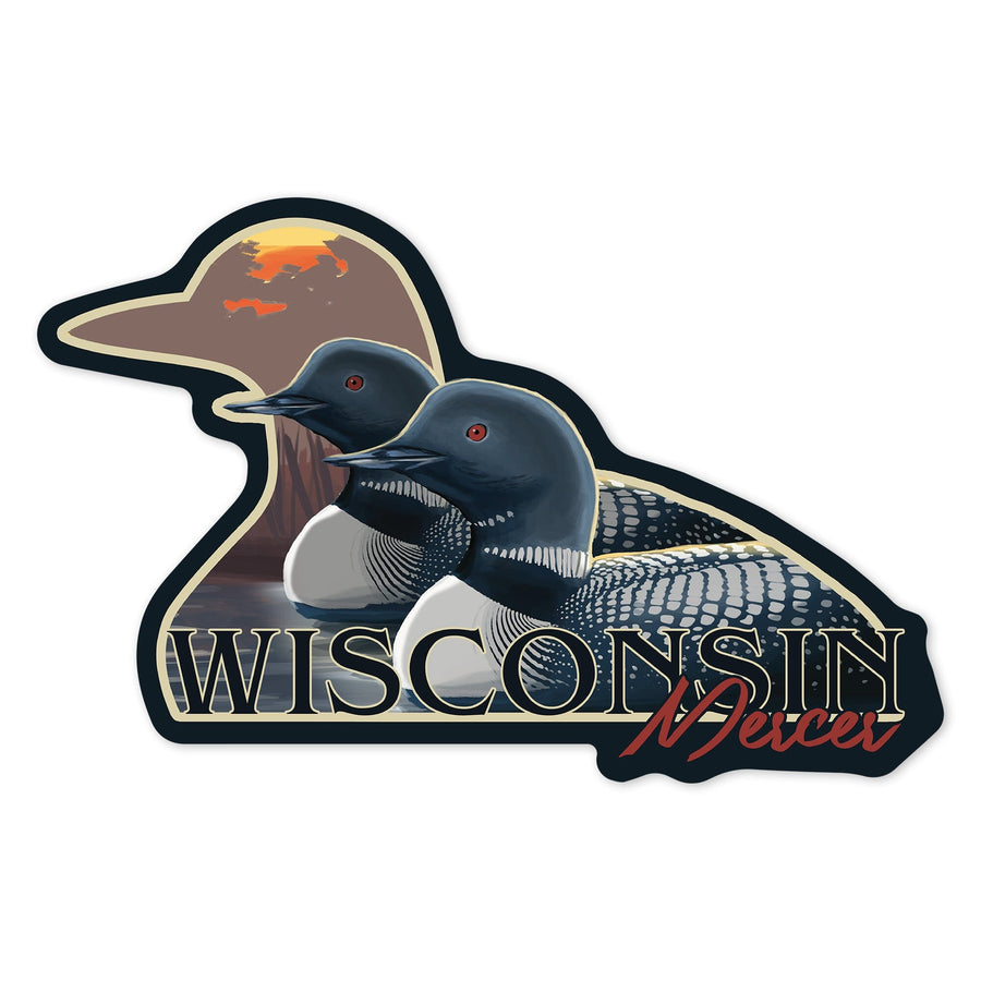 Mercer, Wisconsin, Loons and Sunset, Contour, Vinyl Sticker - Lantern Press