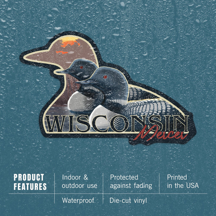 Mercer, Wisconsin, Loons and Sunset, Contour, Vinyl Sticker - Lantern Press