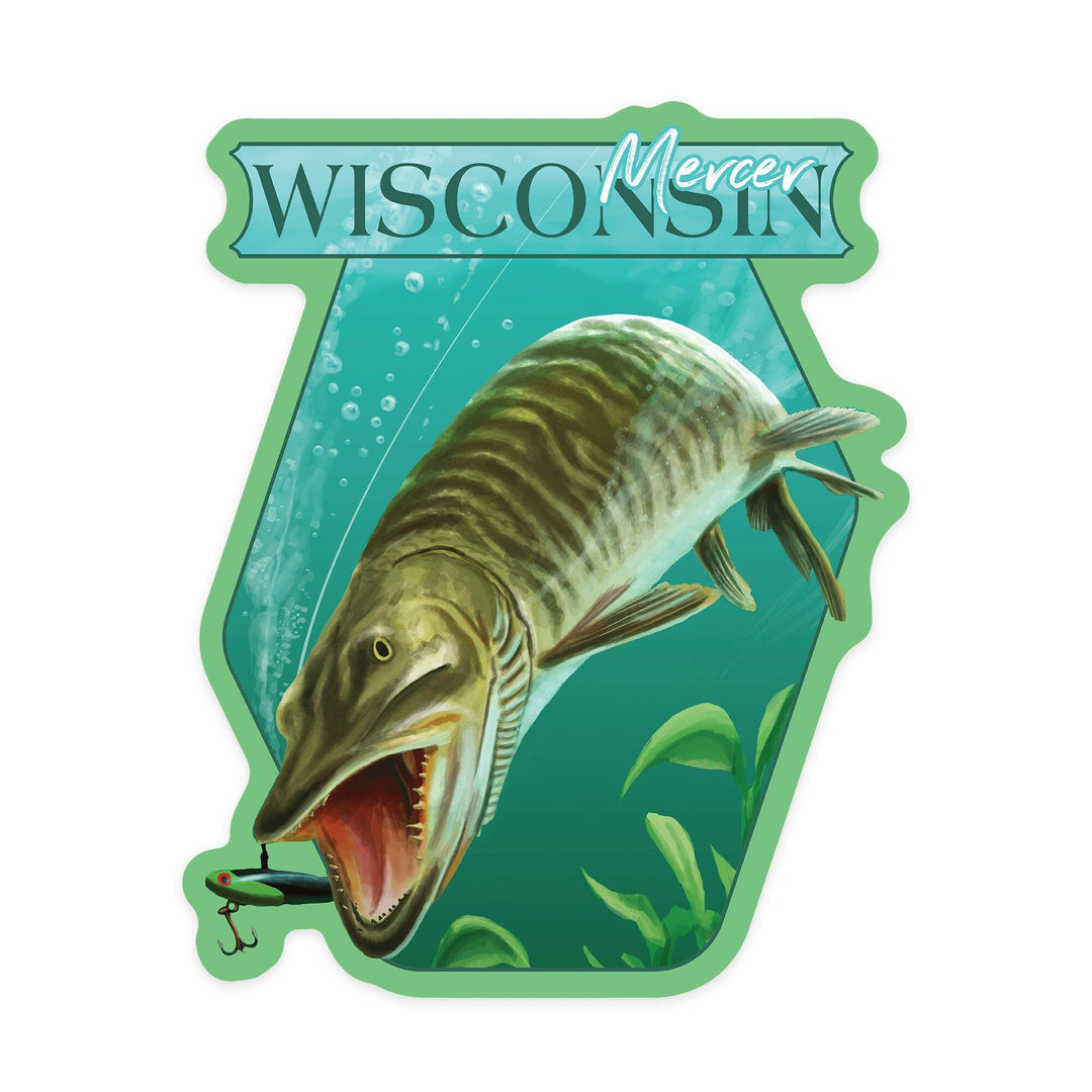 Mercer, Wisconsin, Muskie Scene, Contour, Vinyl Sticker - Lantern Press