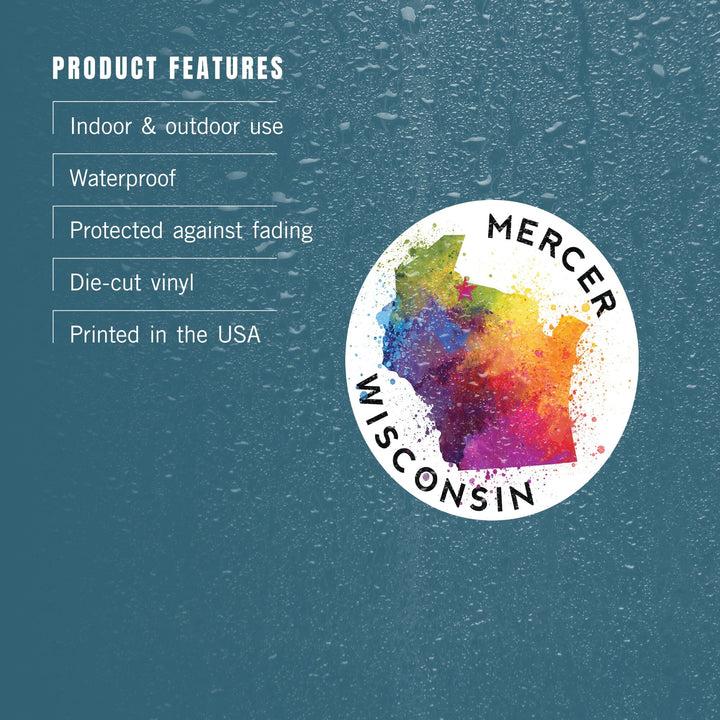 Mercer, Wisconsin, State Abstract Watercolor, Contour, Vinyl Sticker - Lantern Press