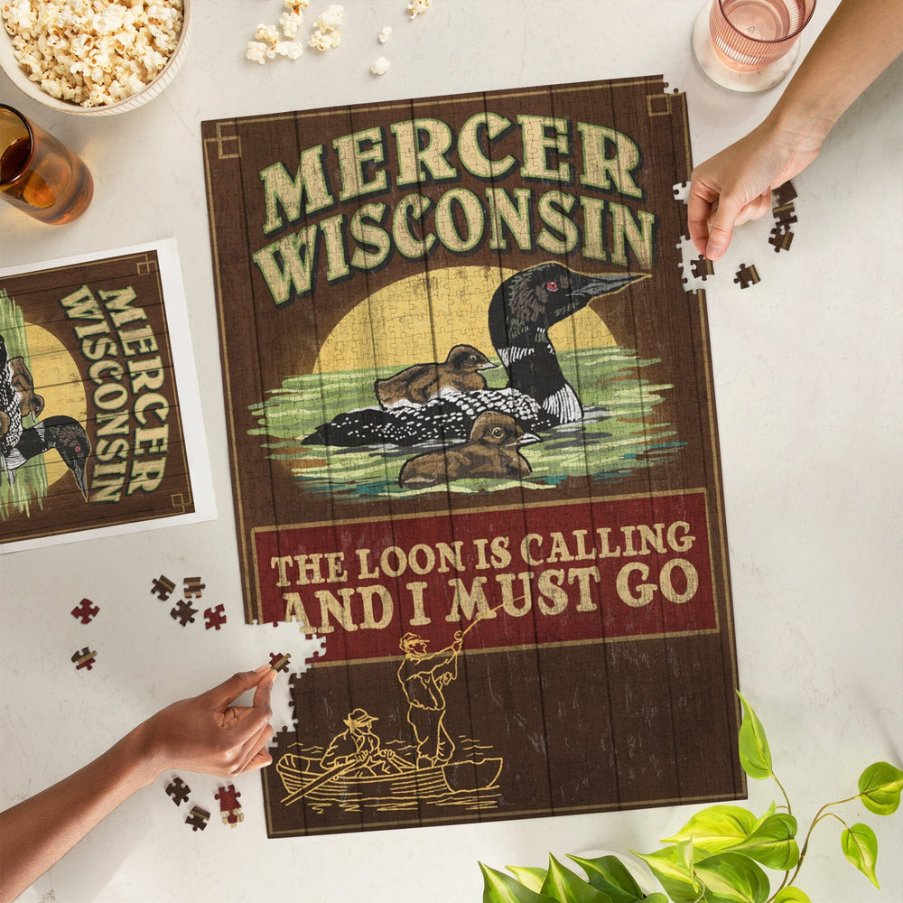 Mercer, Wisconsin, The Loon is Calling, Vintage Sign, Jigsaw Puzzle Puzzle Lantern Press 